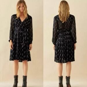 BA&SH Memory Navy Noir Floral Silk Wrap Midi Dress Sz 1 US 6